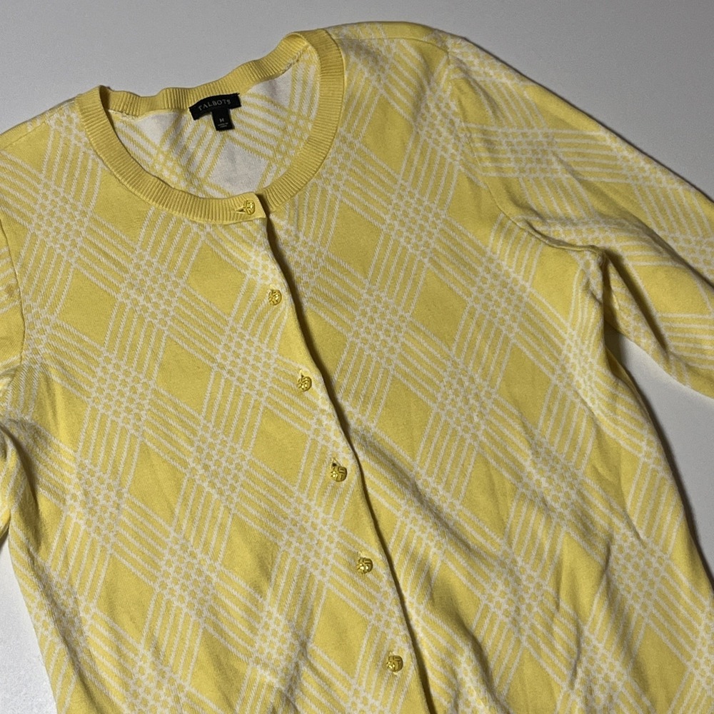 Talbots Argyle Cardigan Size M Yellow Enamel Button Knit Sweater Preppy Layers